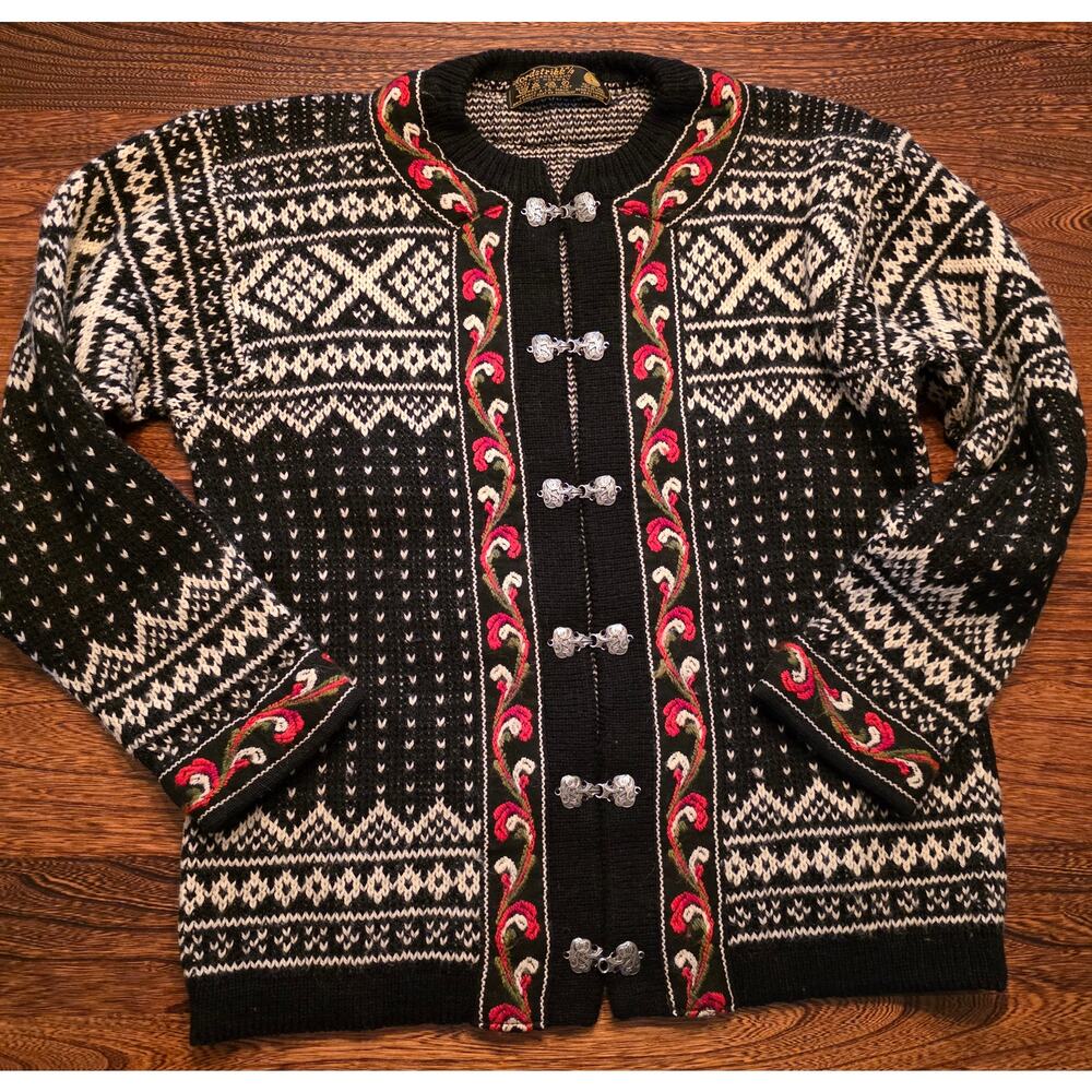 Nordstrikk 100% Wool Cardigan Pewter Clasps Vintage Rosemaling Folk Black L-XL